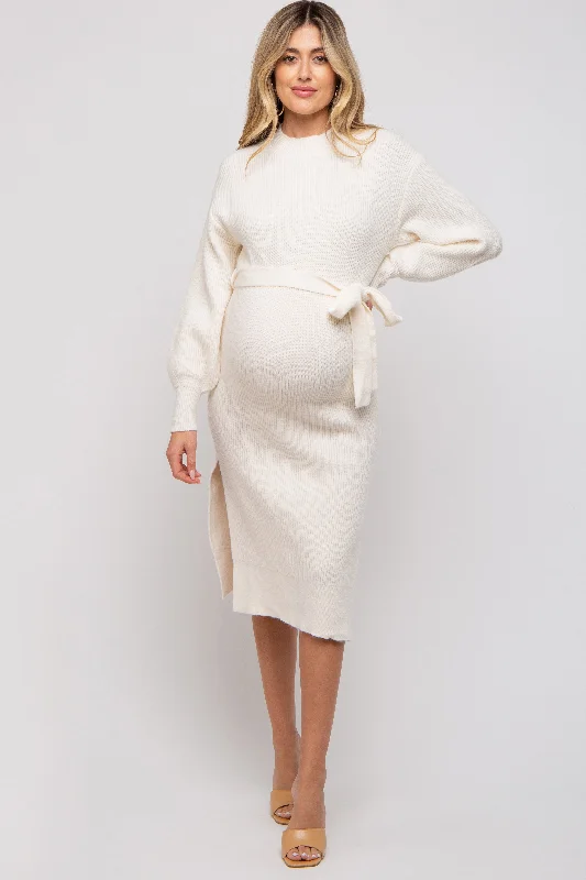 Ivory Side Slit Maternity Sweater Midi Dress