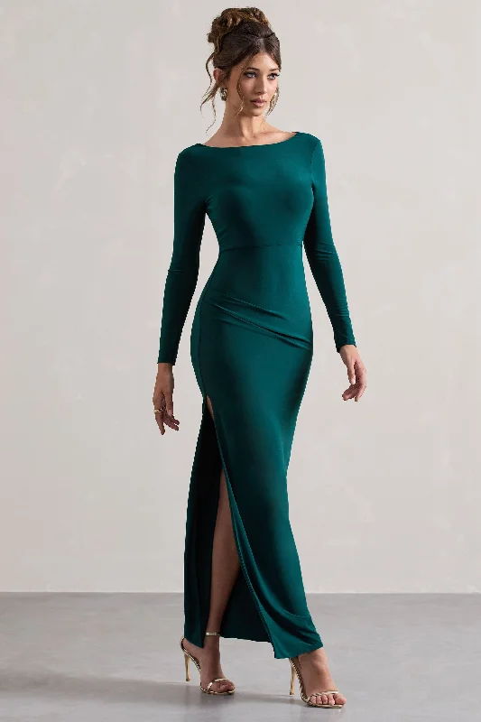 Virgo | Bottle Green Cowl-Back Long-Sleeve Split Maxi Dress