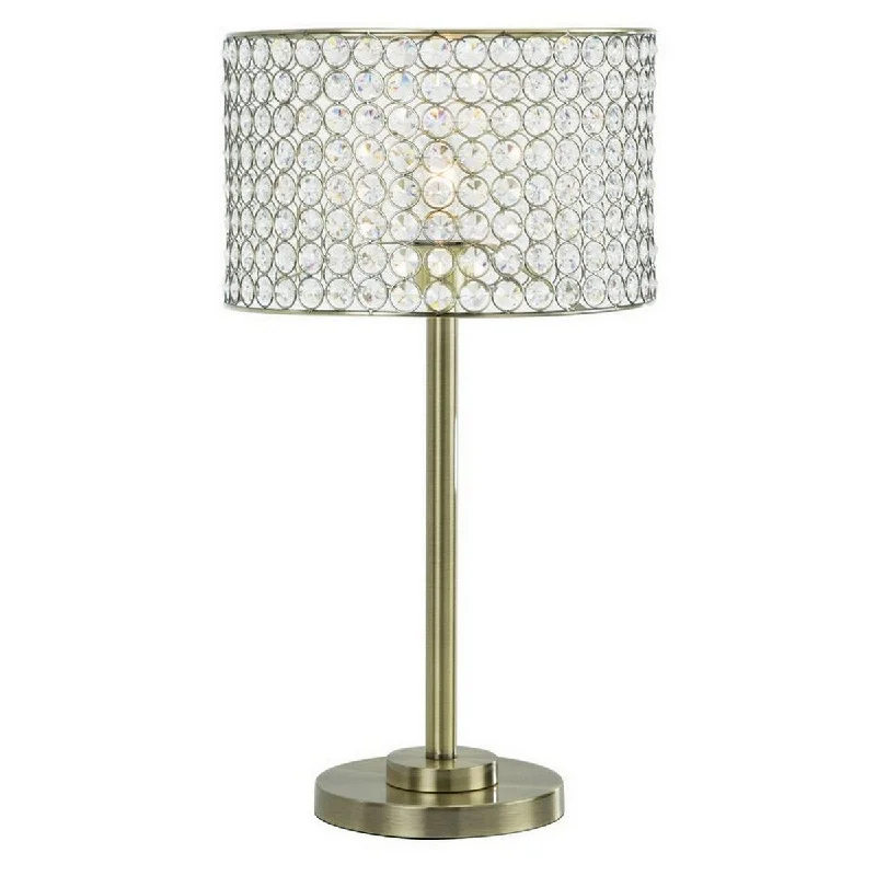 crystal table lamps with dazzling prisms for a glamorous effectcrystal table lamps with dazzling prisms for a glamorous effect25 Inch Table Lamp with Round Crystal Drum Shade, Metal, Antique Brass